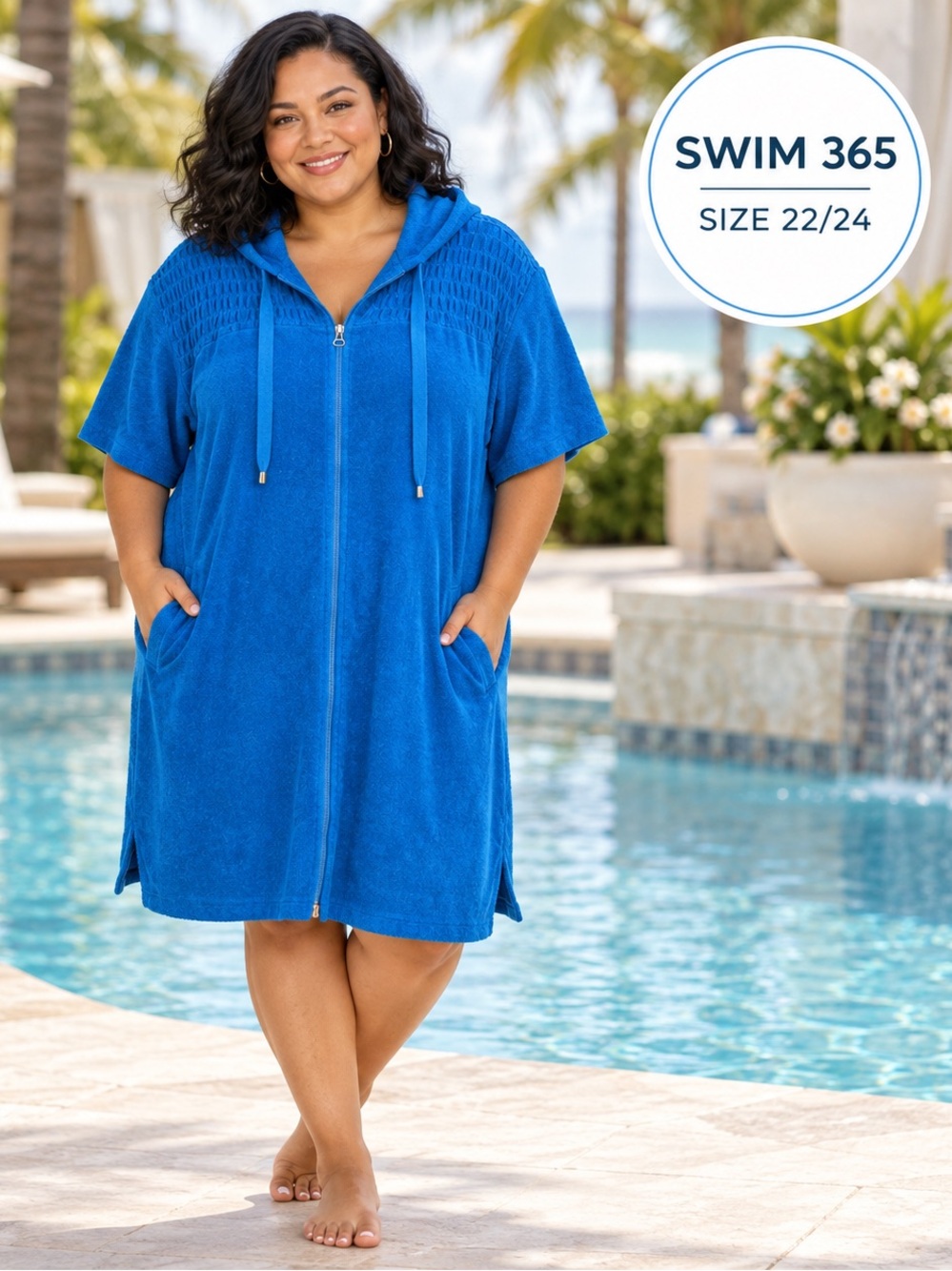 SWIM 365 Plus Size 22/24 Blue Terry Cloth Hooded Zip Swim Cover-Up coastal